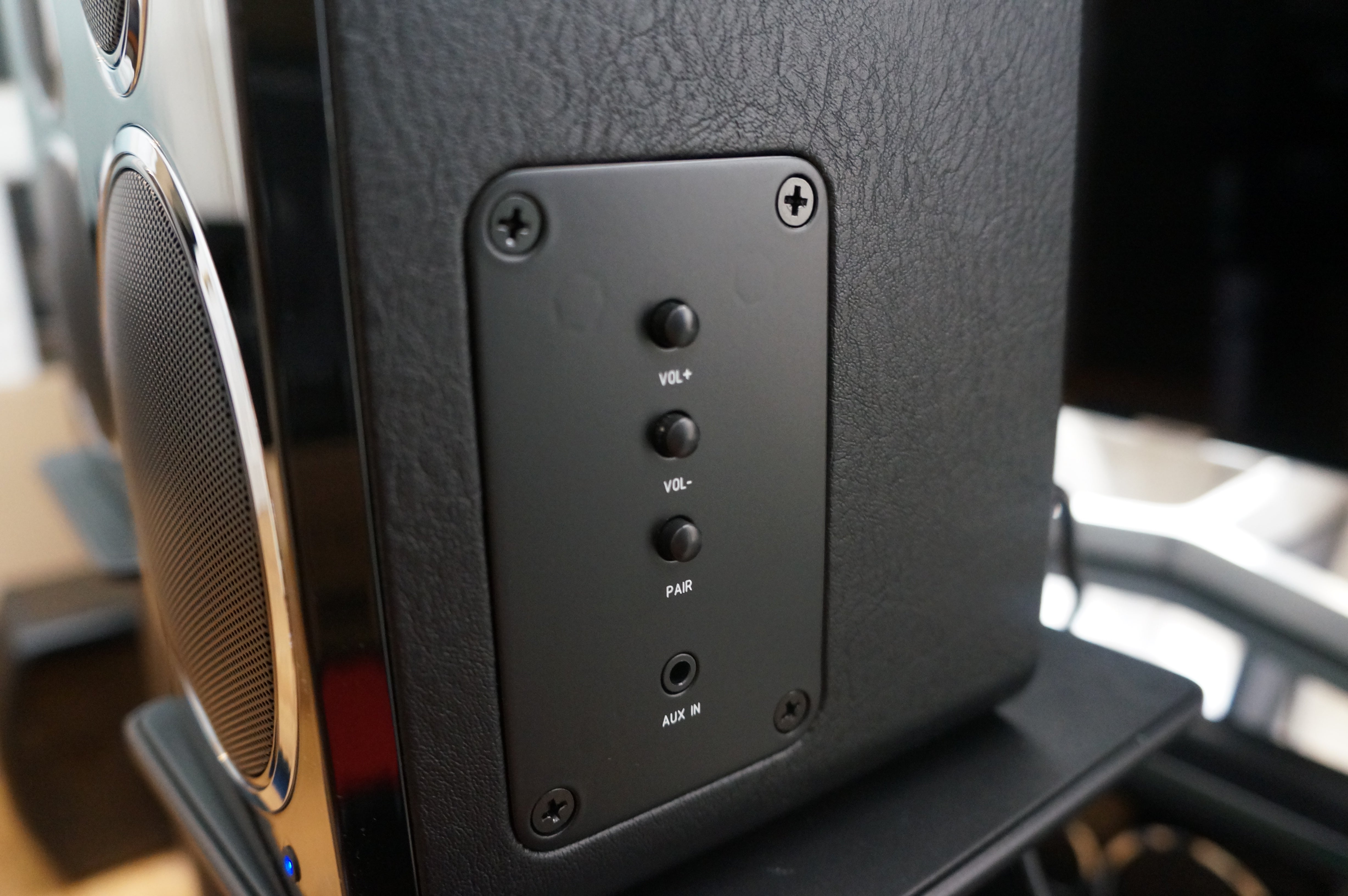 Close-up of Wharfedale DS-2 speaker control panel.