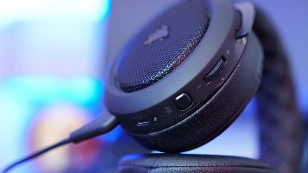 Close-up of Corsair HS70 wireless gaming headset.