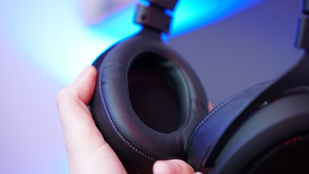 Close-up of a Corsair HS70 wireless gaming headset.