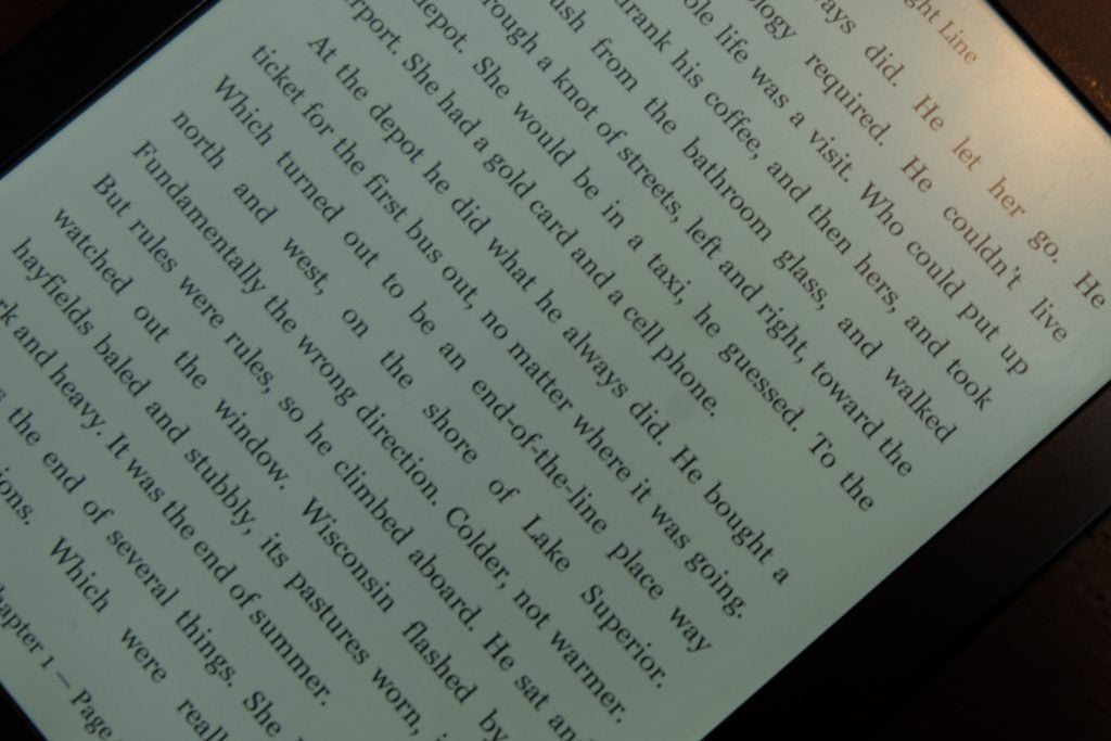 Close-up of text on Kobo Clara HD e-reader screen.