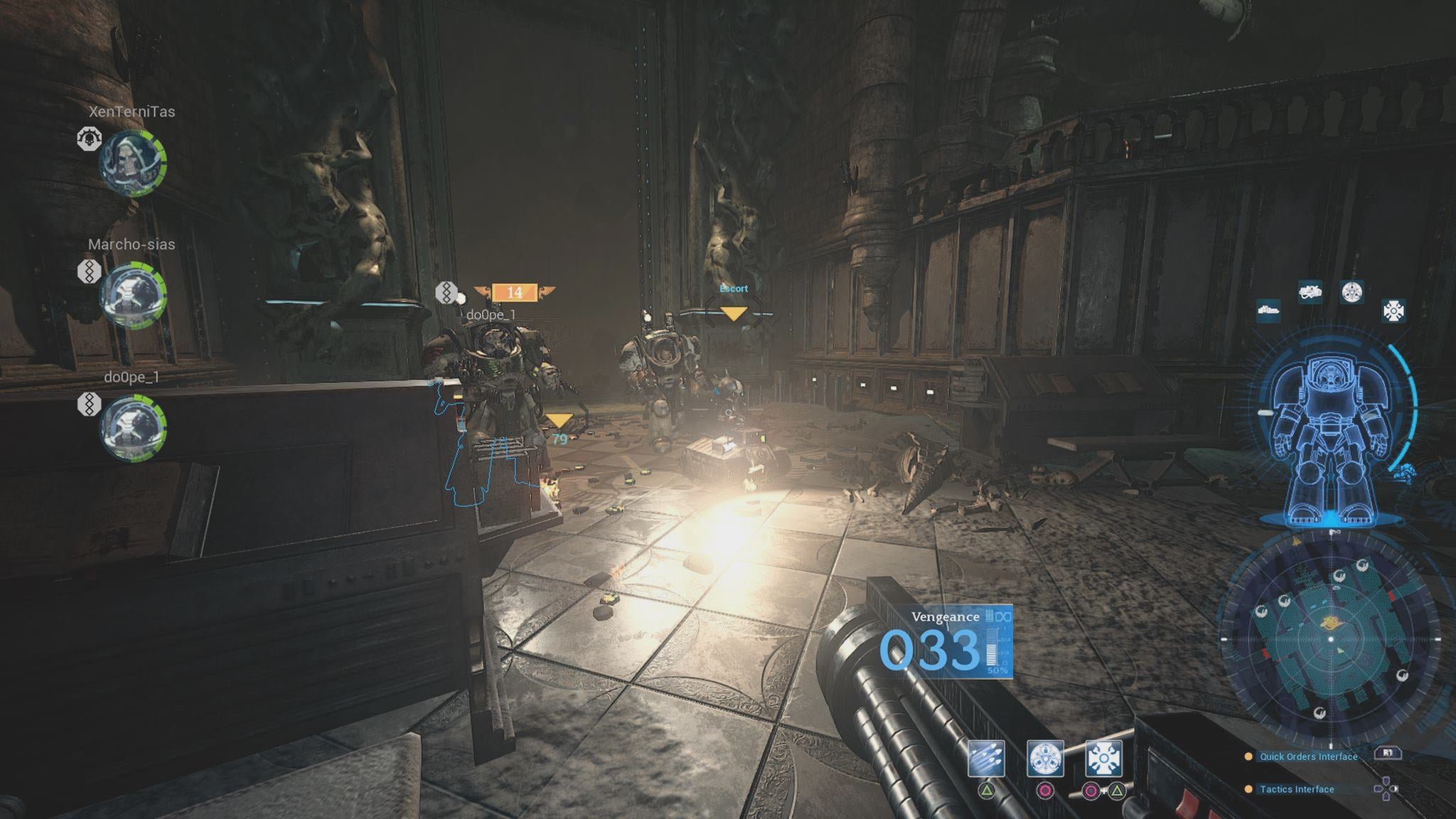 Screenshot of Space Hulk: Deathwing game showing player interface and characters.