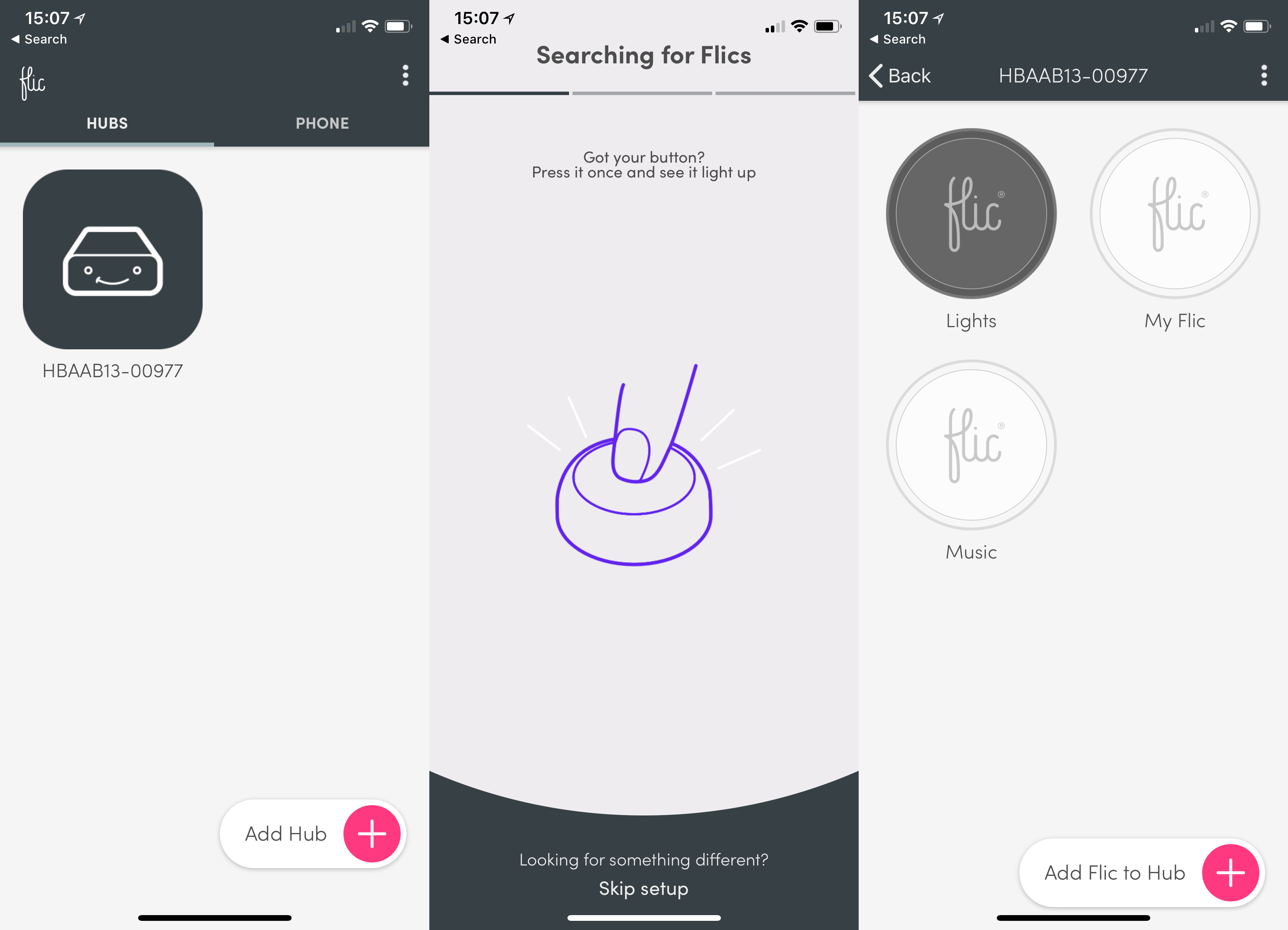 Screenshots of Flic Hub app setup process on a smartphone.