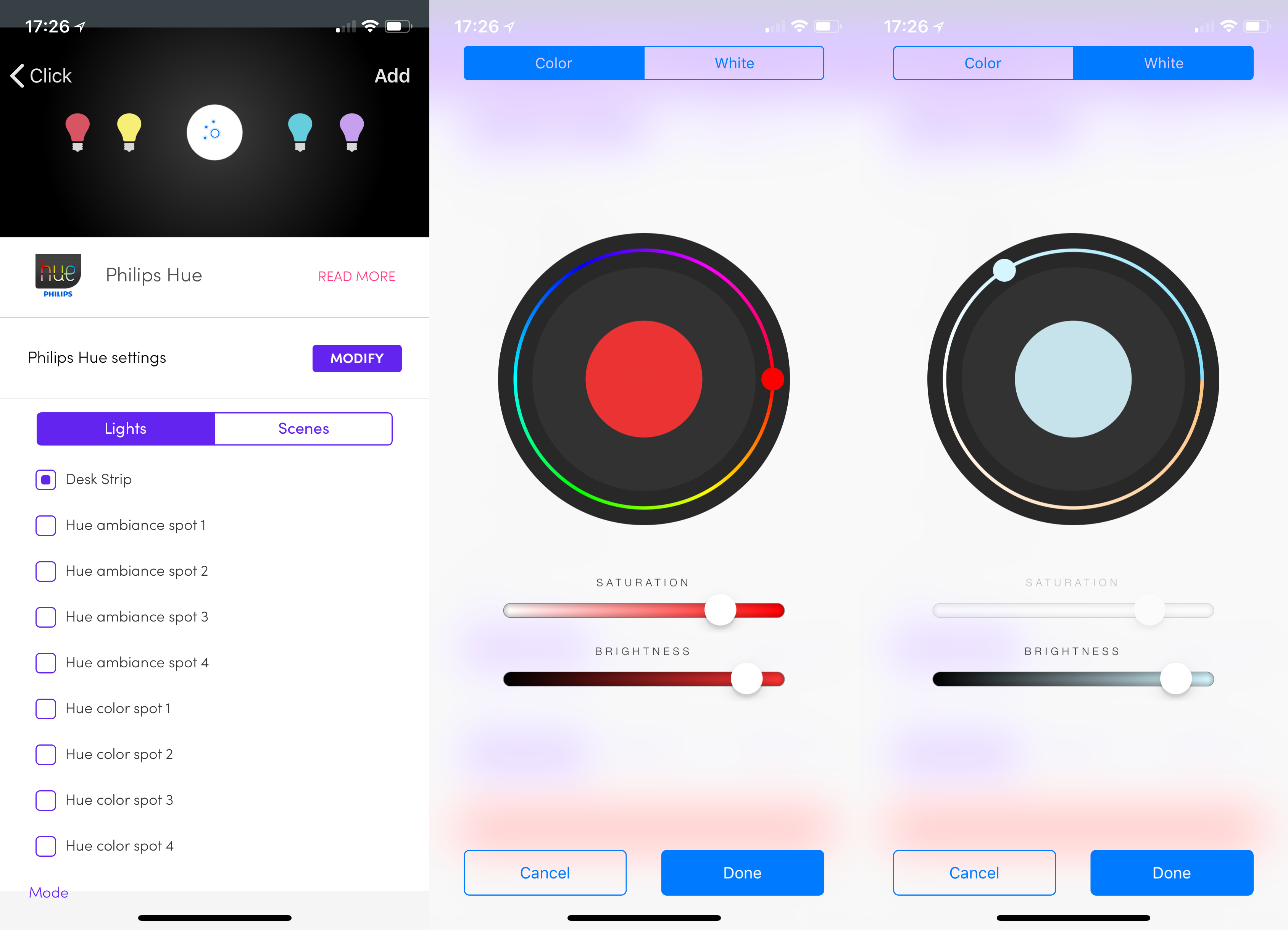 Smart lighting app interface with color and brightness controls.