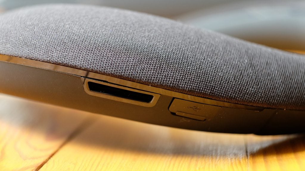 Close-up of JBL Soundgear wearable speaker fabric and controls