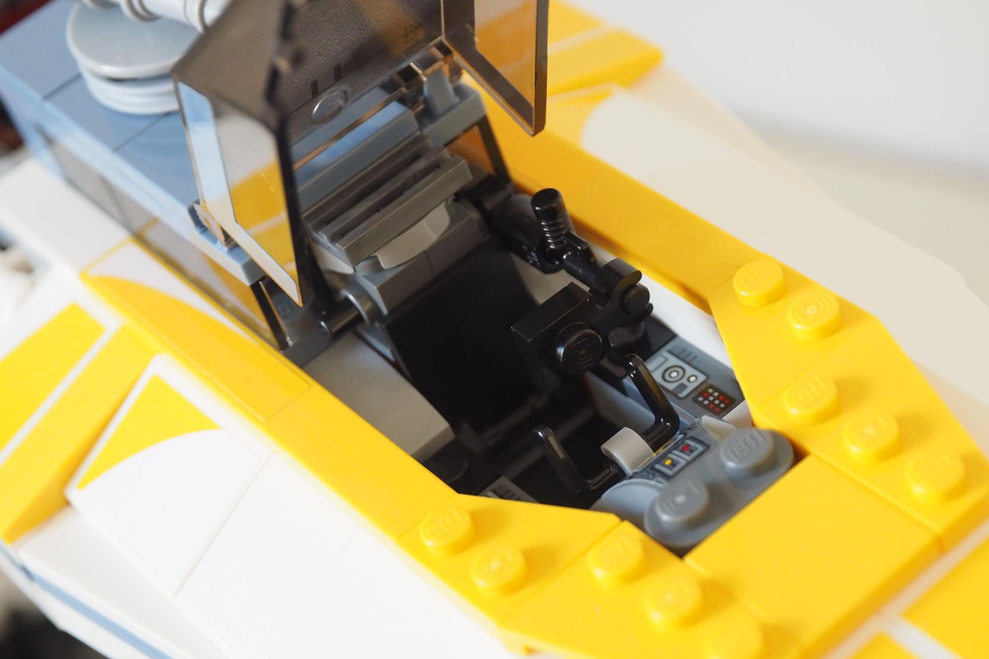 Close-up of LEGO Star Wars Y-Wing cockpit details.