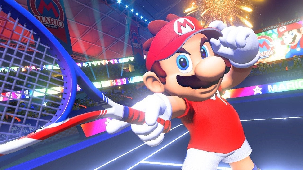 Mario character playing tennis in Mario Tennis Aces game.