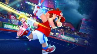 Mario and Peach playing tennis in Mario Tennis Aces game.