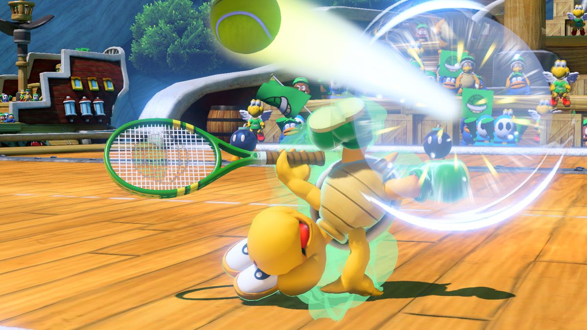 Animated characters playing tennis in Mario Tennis Aces game.