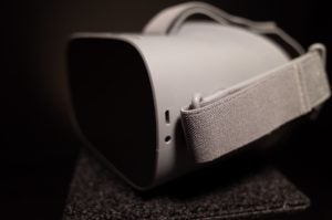 Close-up of Oculus Go virtual reality headset on black background
