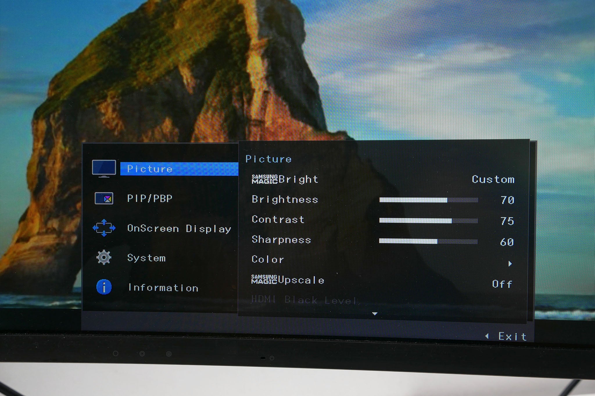 Samsung C49J89 monitor displaying its on-screen settings menu.
