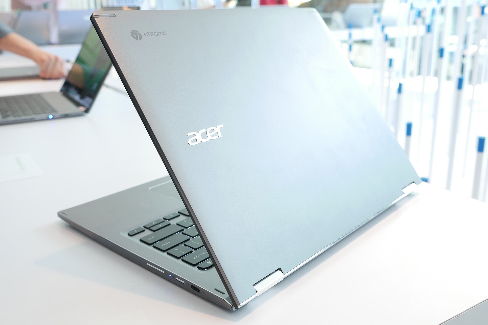 Acer Chromebook Spin 13 in tent mode on a desk.