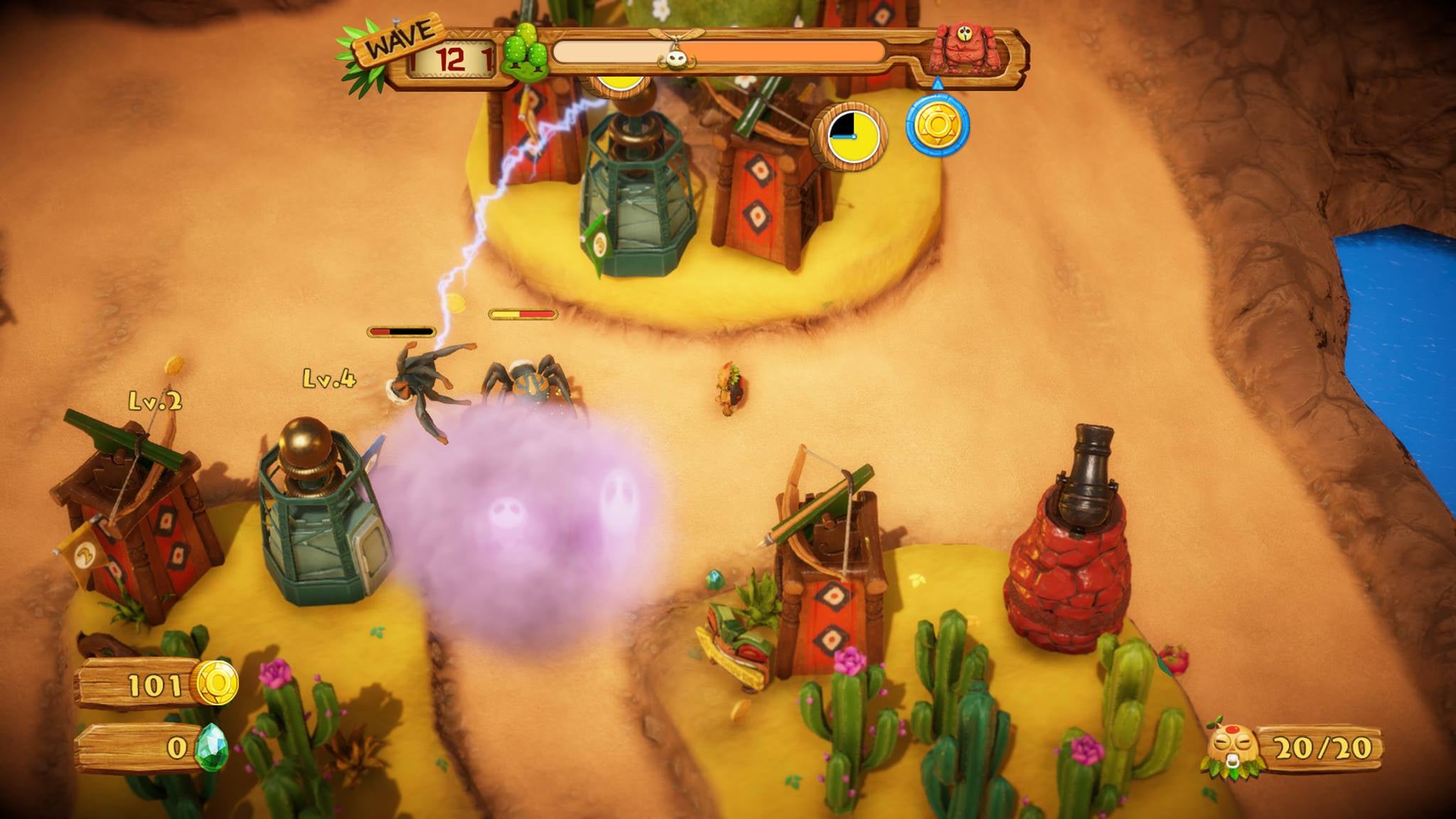 Screenshot of PixelJunk Monsters 2 gameplay with towers and enemies.