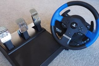 Thrustmaster T150 Pro racing wheel and pedal set.