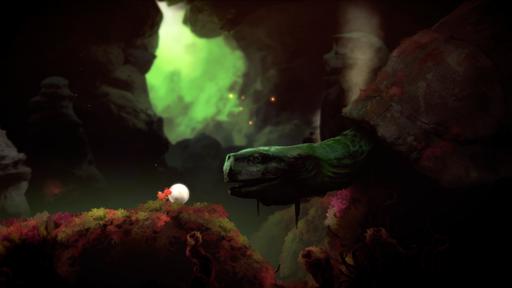 Yoku's Island Express game screenshot with mystical forest scene.