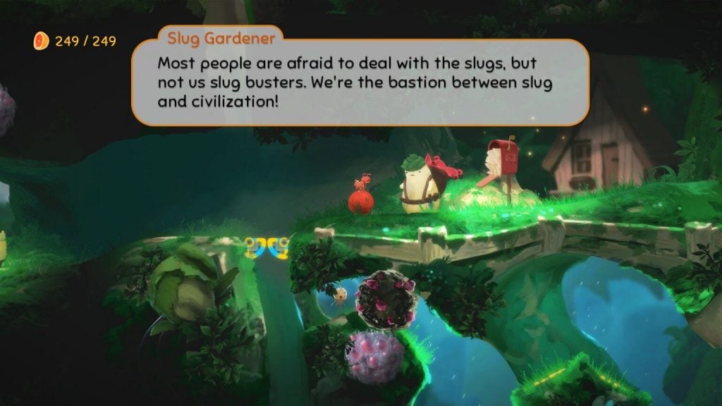 Screenshot of Yoku's Island Express gameplay with dialogue box.