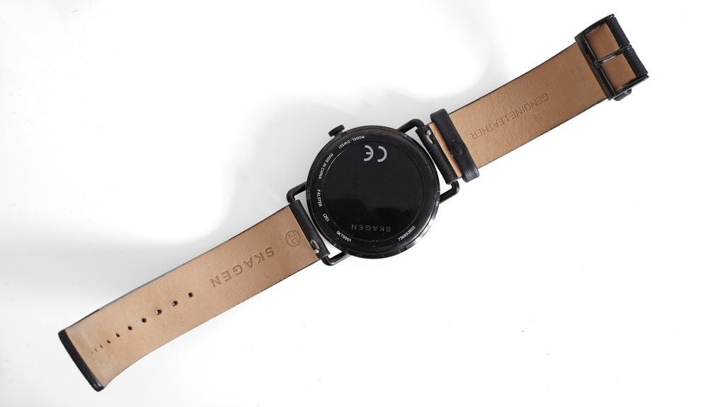Skagen Falster smartwatch with leather strap on white background.