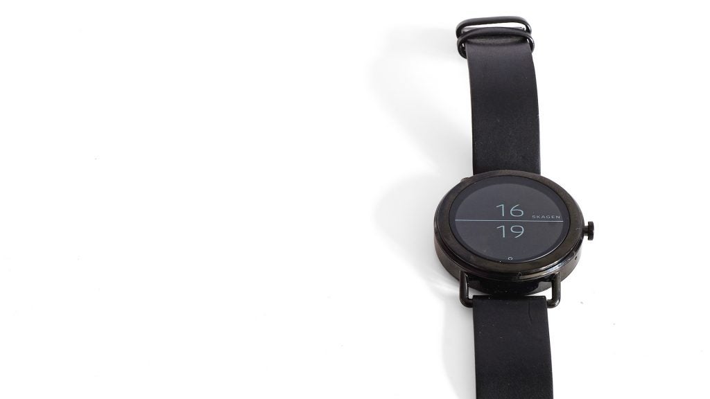 Skagen Falster smartwatch with black strap on white background.