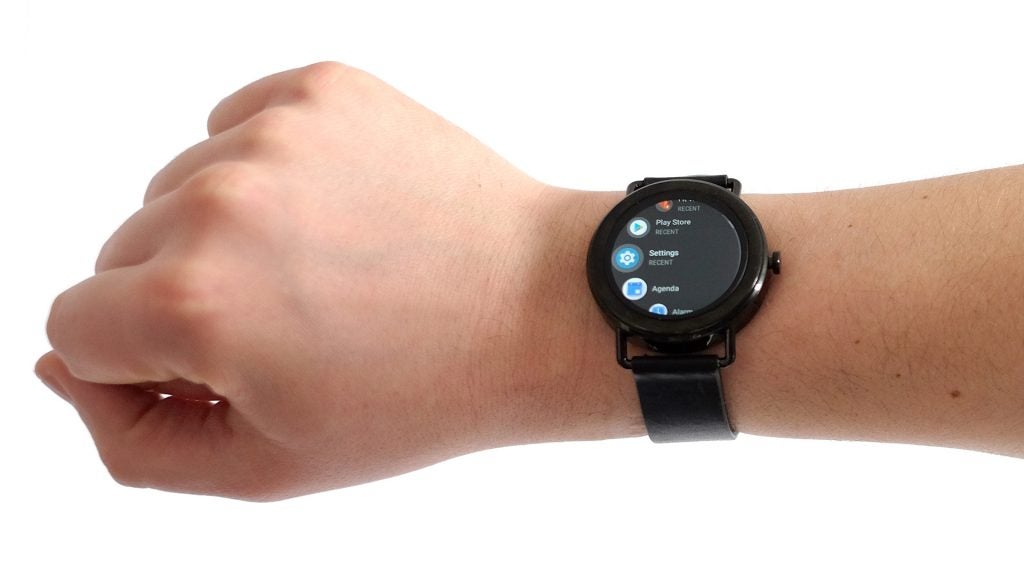 Wrist wearing Skagen Falster smartwatch displaying menu.