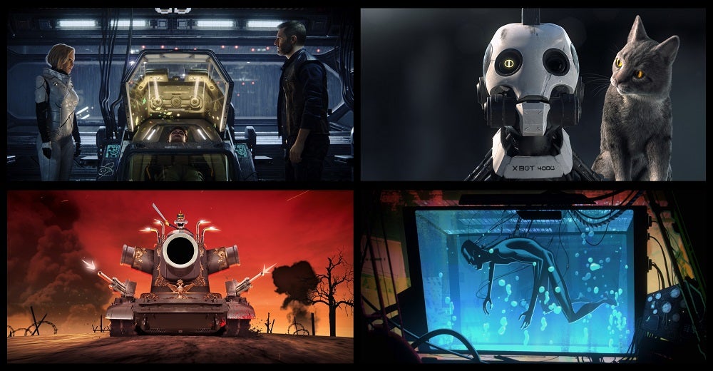 Four pictures of different scene from a series called Love Death+ Robots