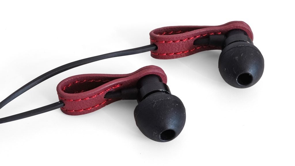 Meters M-Ear Bluetooth earphones with red-stitched detail.