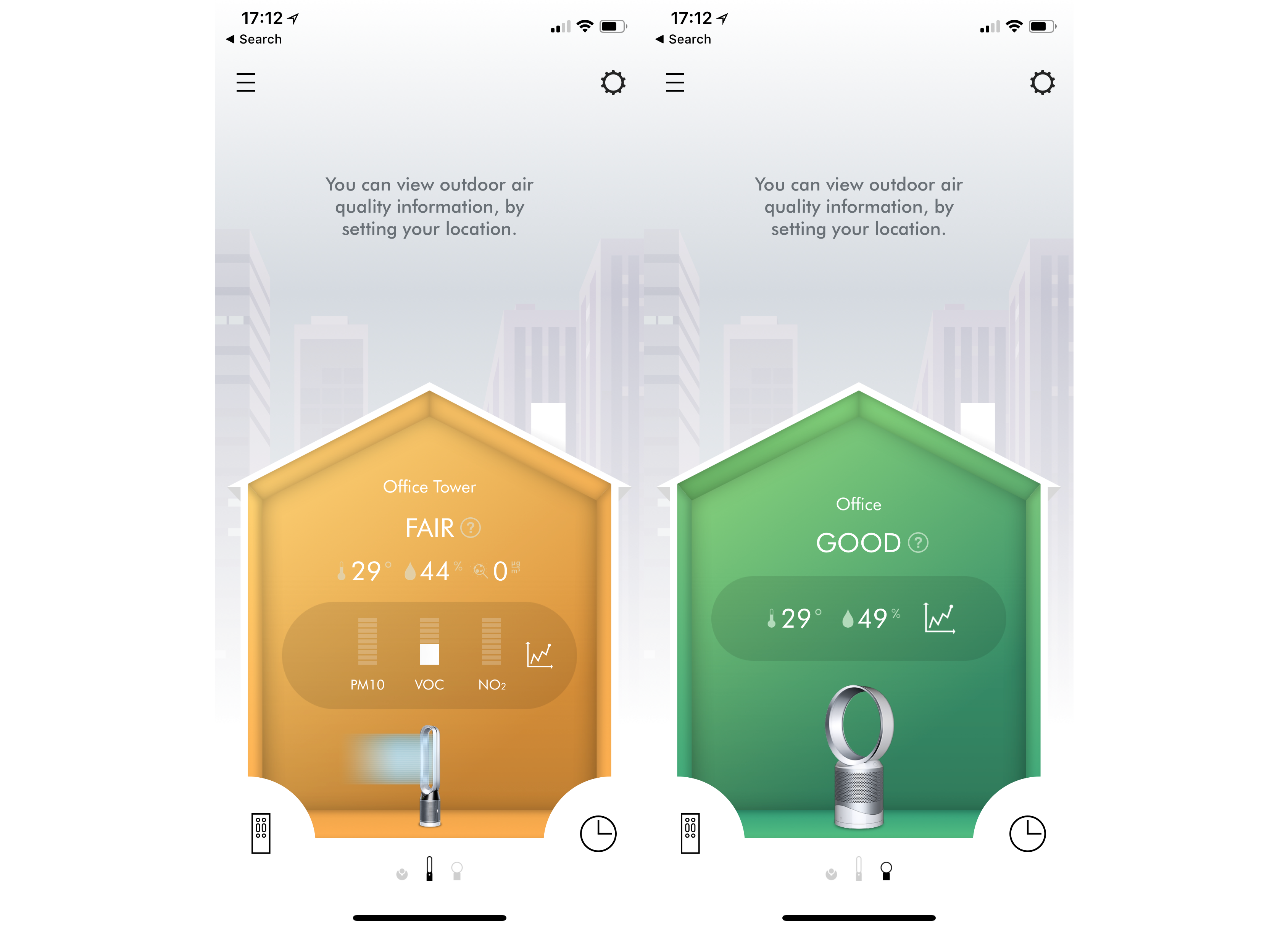 Dyson Pure Cool Tower purifier displaying air quality stats.