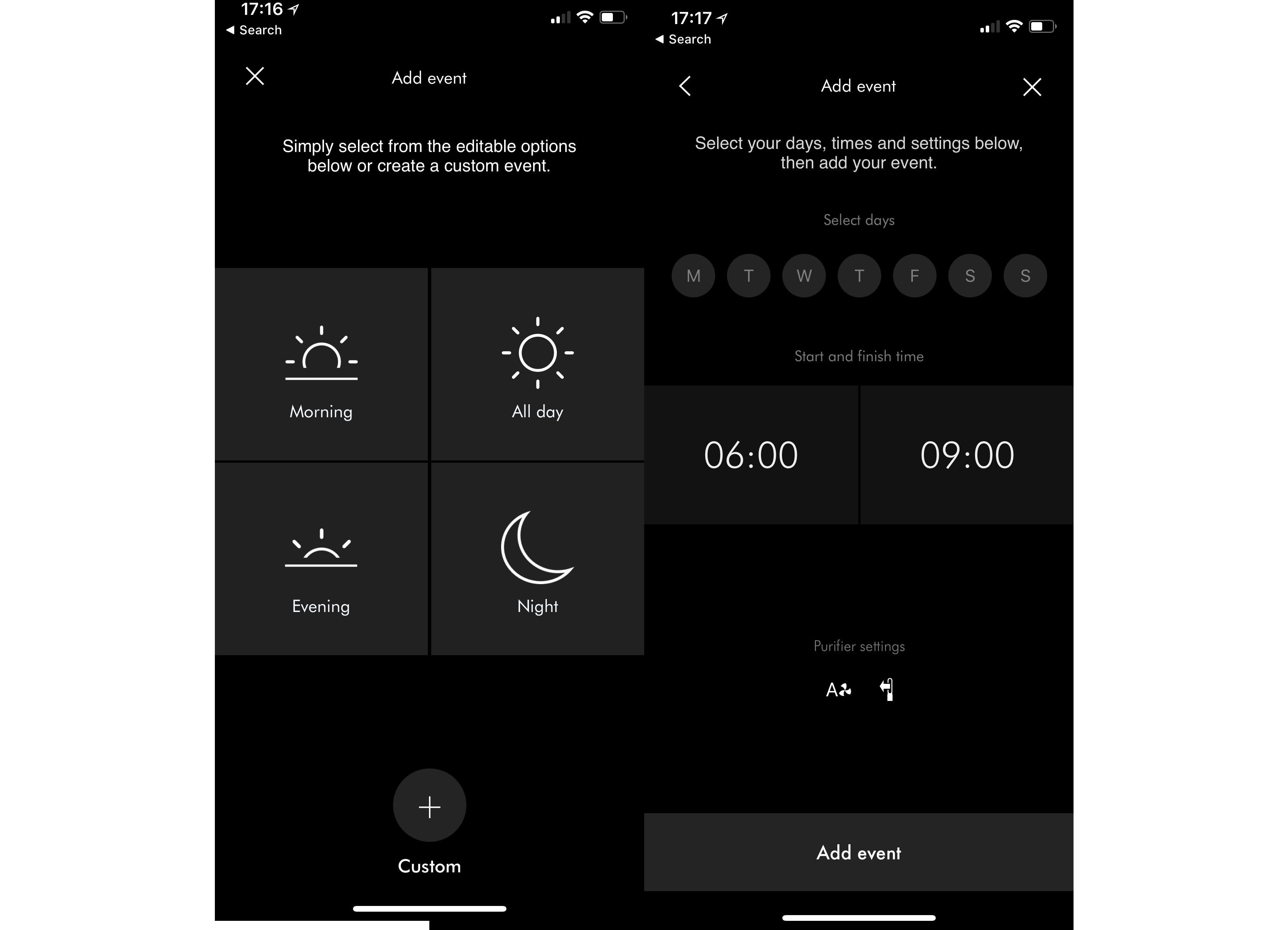 Screenshots of a smartphone app for scheduling air purifier settings.