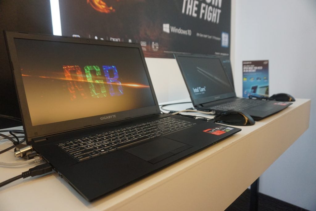 Gigabyte Sabre laptop on display with RGB logo on screen