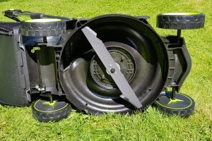 Gtech Falcon Cordless Lawnmower upside-down view showing blade.