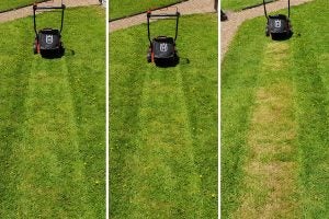 Husqvarna lawn mower on grass showing mowing results.
