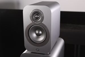 Close-up of Q Acoustics bookshelf speaker from 3050i Cinema Pack.