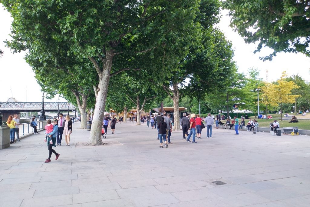 People walking in a busy outdoor park area.