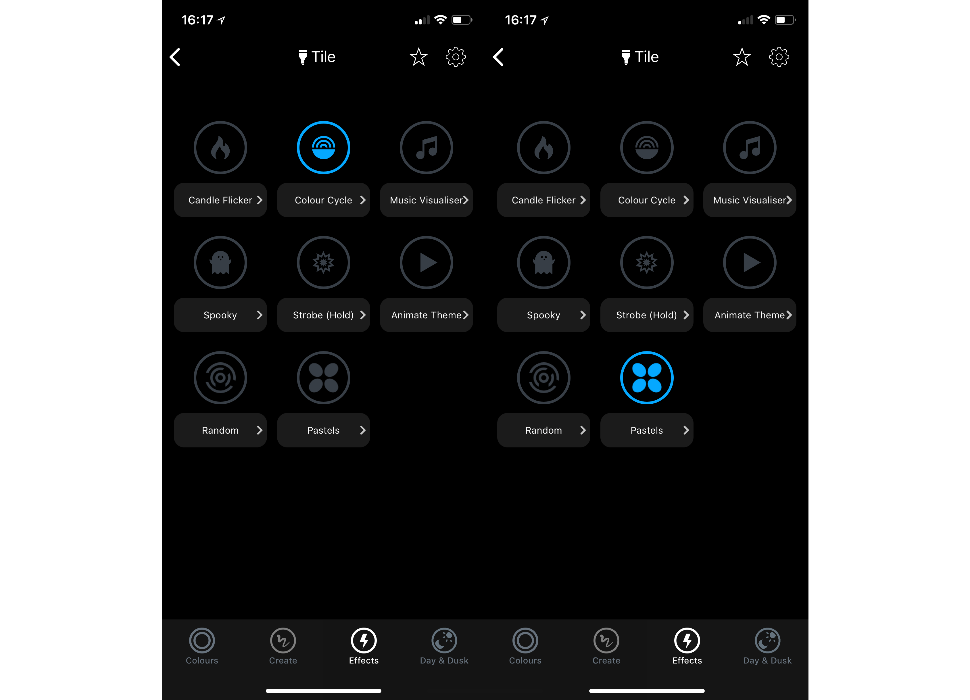 Screenshot of LIFX app showing Tile lighting effects options.