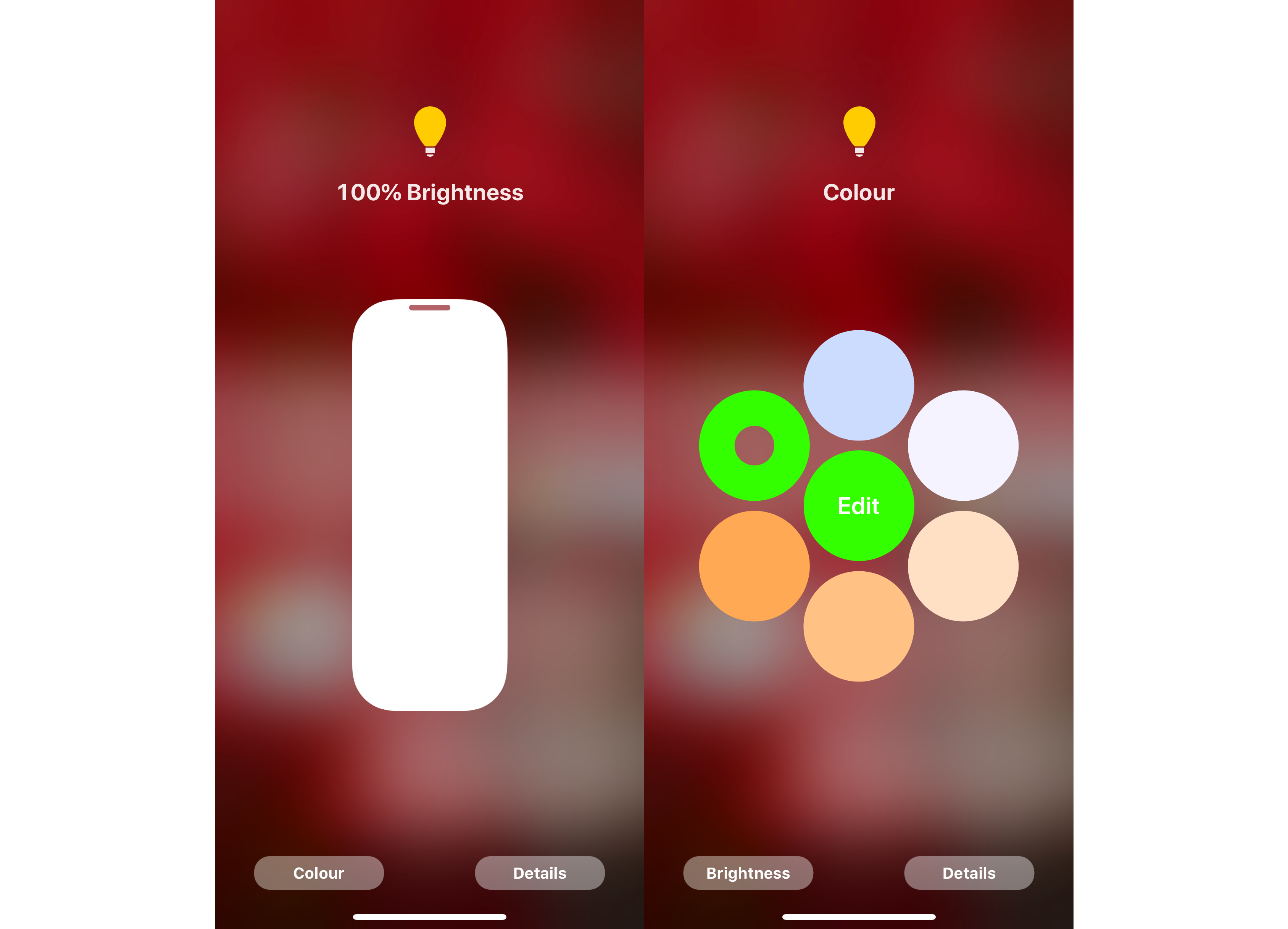 Smart lighting app interface showing brightness and color settings.