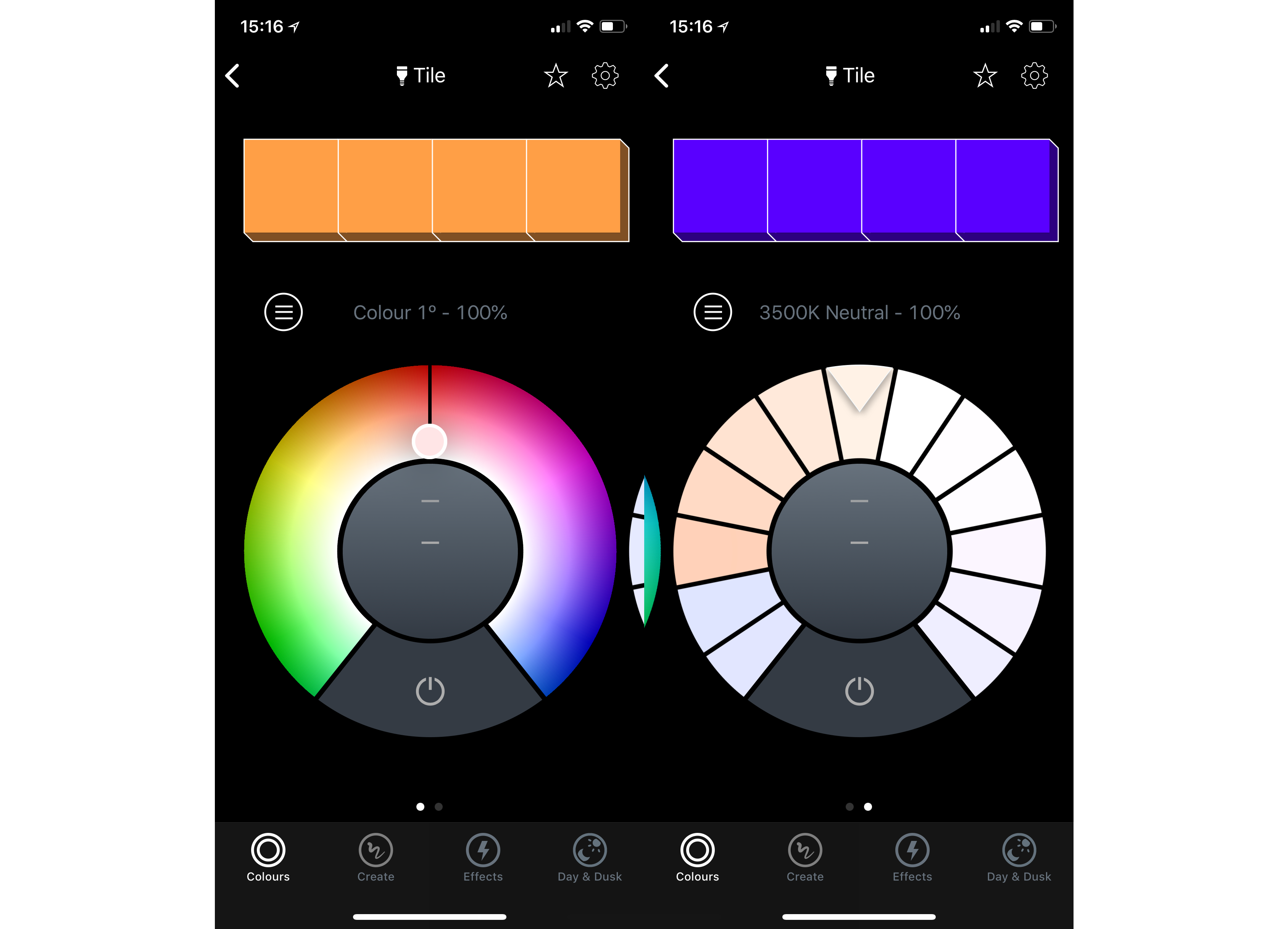Screenshot of LIFX app color selection interface for smart tiles.LIFX Tile mobile app interface showing color control settings.