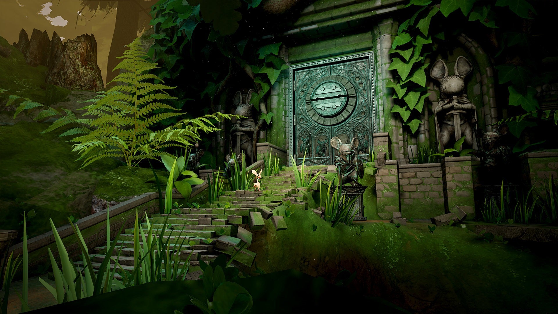 Screenshot of Moss game showing character in a forest environment.