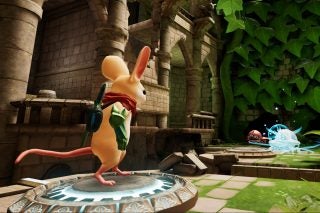 Animated mouse character with sword in lush, ancient temple setting.