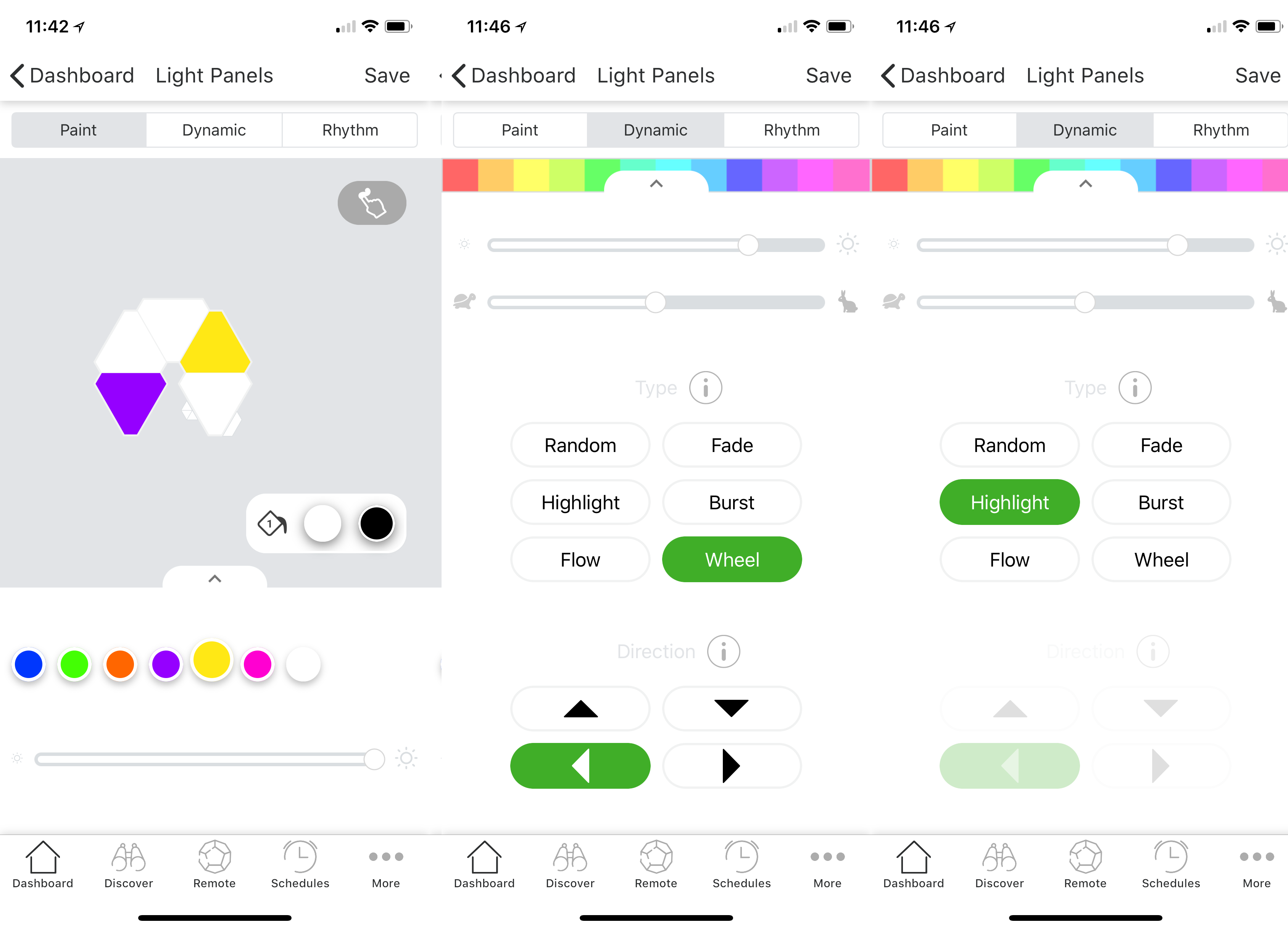 Screenshots of Nanoleaf app light panel customization interface.