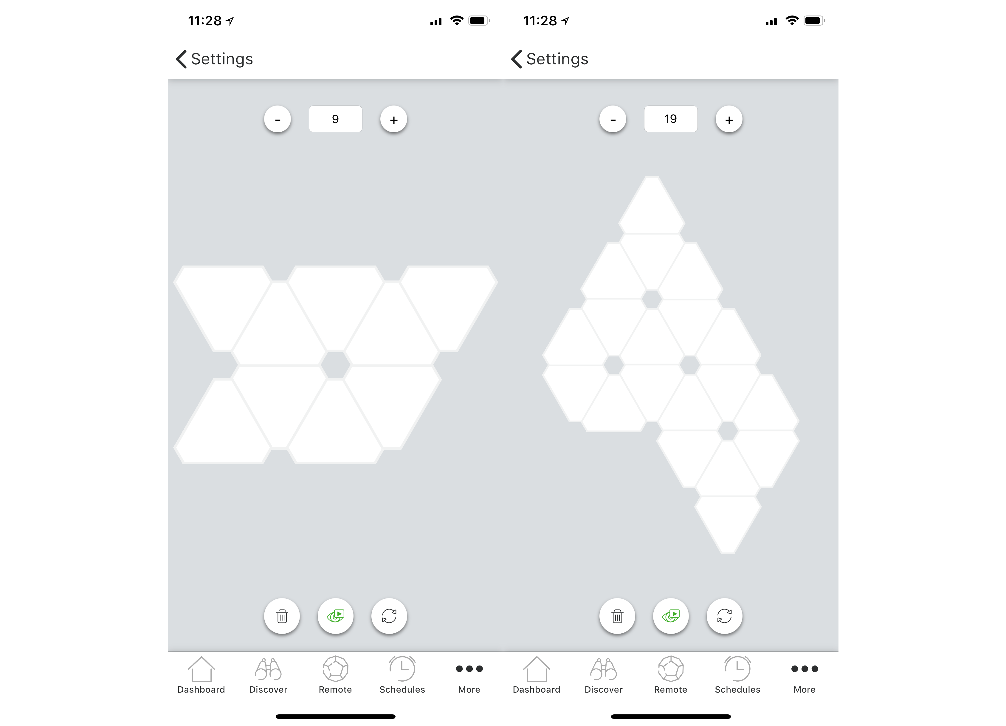 Screenshot of Nanoleaf app showing light panel configurations.