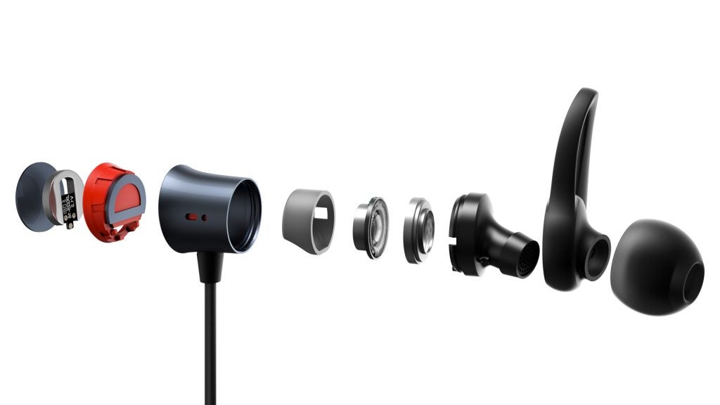Exploded view of OnePlus Bullets Wireless earphones components.