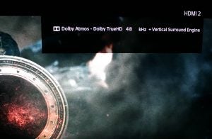 Screen displaying Dolby Atmos and TrueHD on Sony HT-ZF9.