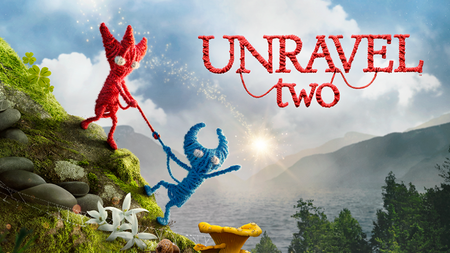 Yarn characters and "Unravel Two" logo in scenic landscape.