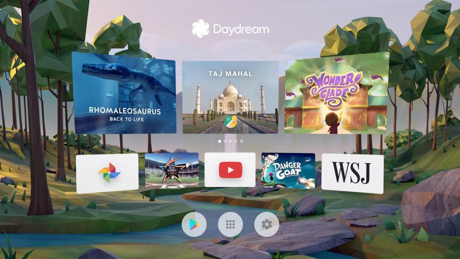 Virtual reality interface with various media and app tiles.