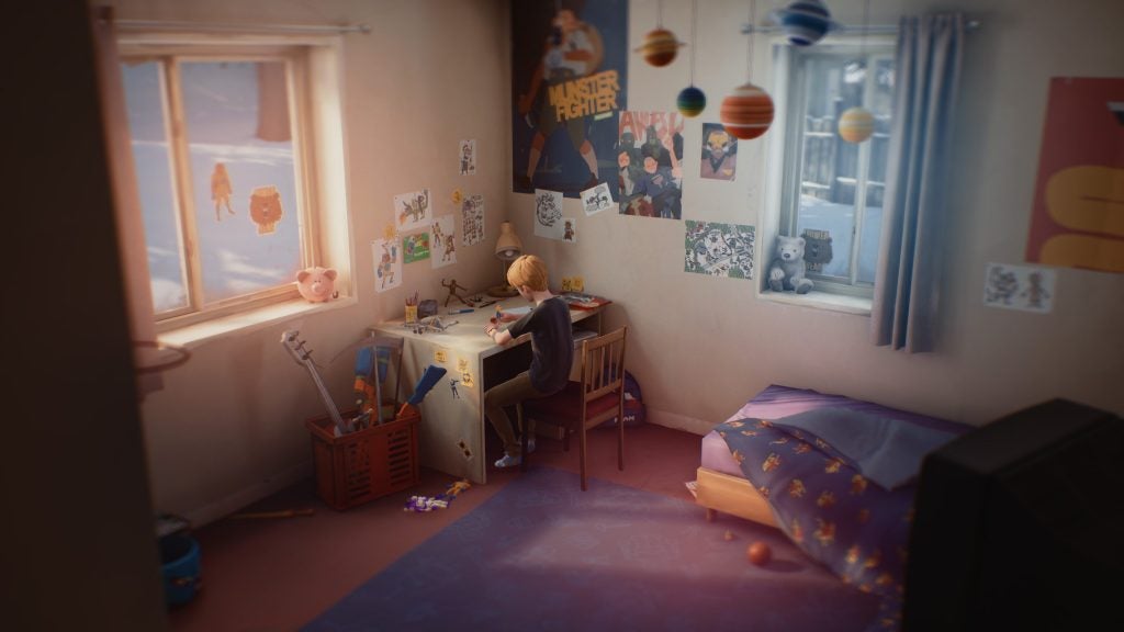Child playing in a creatively decorated bedroom from a video game.