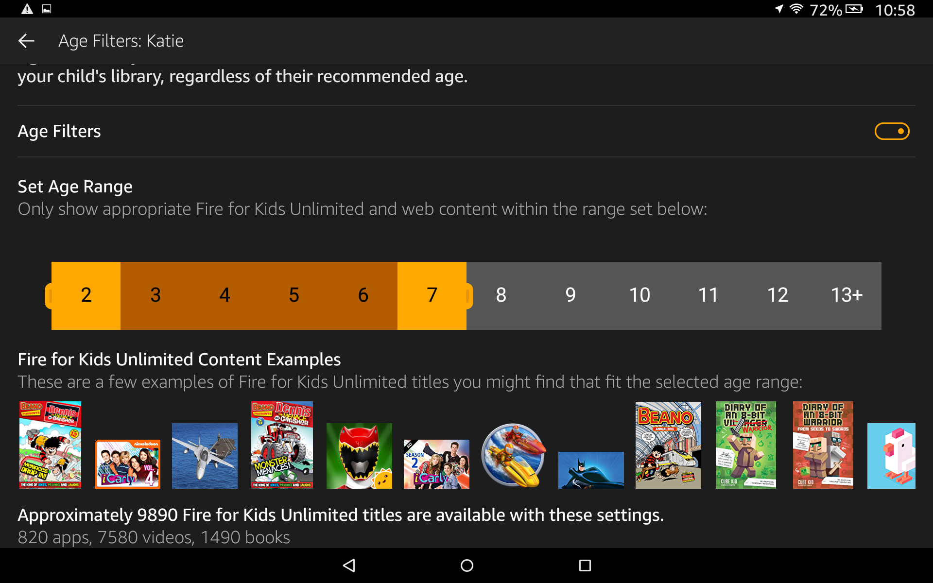 Amazon Fire HD 10 Kids Edition 10 age settings