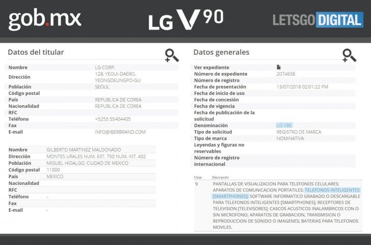 Screenshot of product details table of LG V90