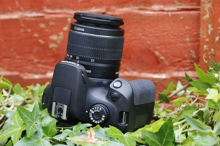 An image of the Canon EOS 4000D lying on a green fence