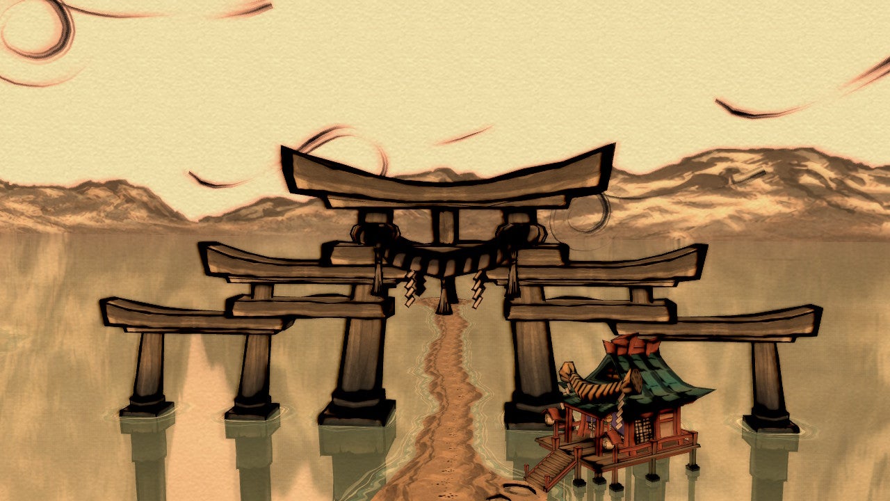 A screenshot of a scene from a video game called Okami