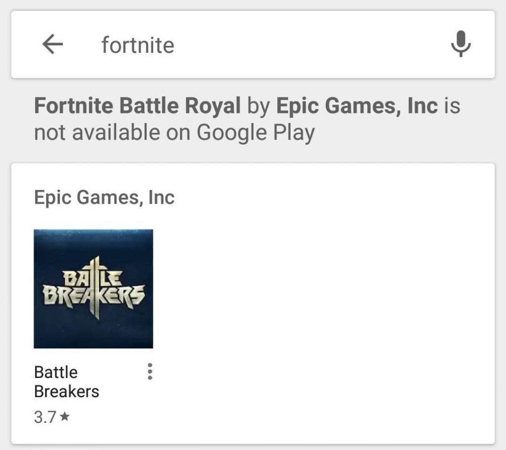 A screenshot from playstore about Fortnite Battle Royale by Epic Games, Inc is not available on Google Play