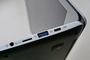 The 3.5mm headphone jack, microSD card slot, USB port and Kensington port of the Acer Chromebook 15 (CB515-1HT).