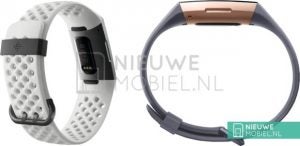 Two Fitbit Charge 3 standing on white background showing back panel and side viewTwo Fitbit Charge 3 standing on white background showing front panel and side view
